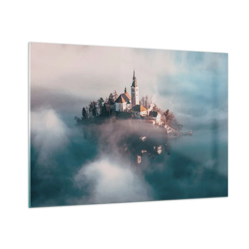Quadro su vetro - Un'isola con una chiesa circondata dalla nebbia su un lago calmo - 100x70cm - L'isola dei sogni - Decorazione murale moderna per soggiorno e camera da letto ARTTOR