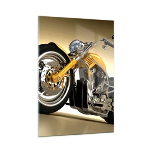 Quadro su vetro - Una motocicletta personalizzata dorata su uno sfondo chiaro - 50x70cm - Sogno di forza e di velocità - Decorazione murale moderna per soggiorno e camera da letto ARTTOR