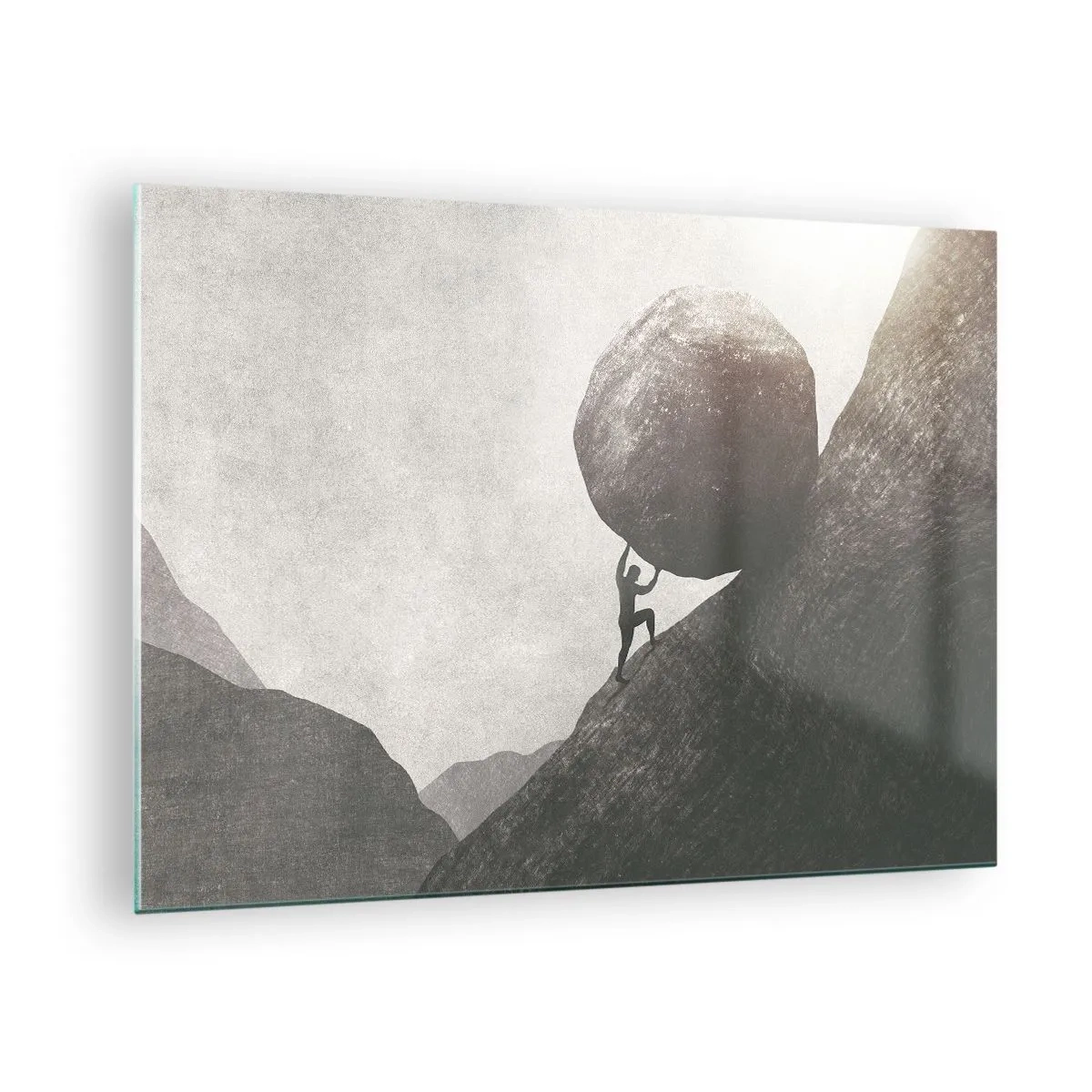 Quadro su vetro - Una figura che spinge un masso in salita contro un paesaggio montuoso - 70x50cm - Credo contro ogni speranza - Decorazione murale moderna per soggiorno e camera da letto ARTTOR