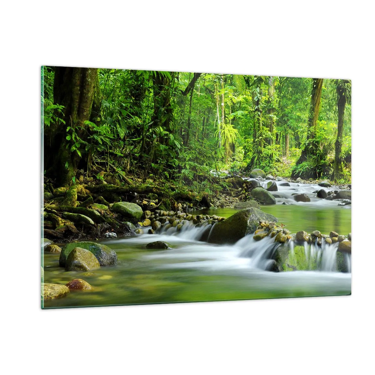 Quadro su vetro - Un ruscello nella foresta circondato da una vegetazione lussureggiante - 120x80cm - Fluttuando in un mare di verde - Decorazione murale moderna per soggiorno e camera da letto ARTTOR