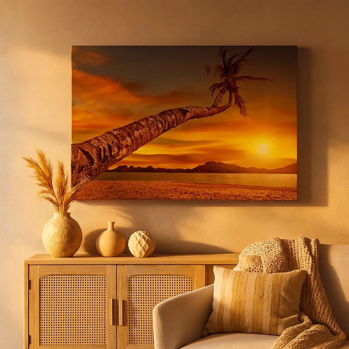 Quadro su tela - Stampe su Tela - Palma sulla spiaggia al tramonto con vista sul mare - 70x50cm - Vacanze esotiche, avventura nei Caraibi - Decorazione murale moderna per soggiorno e camera da letto ARTTOR