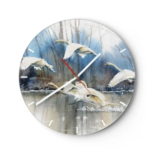 Orologio da parete - Orologio in Vetro - Cigni che volano dalla superficie del lago con la foresta sullo sfondo - 30x30cm - Come la favola dei cigni selvatici - Decorazione murale moderna per soggiorno, cucina e camera da letto ARTTOR