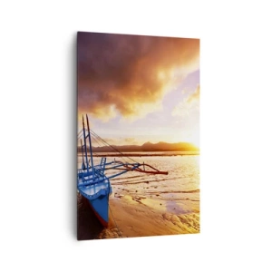 Quadro su tela - Stampe su Tela - Barca blu sulla spiaggia al tramonto - 80x120cm - Riposo sulla sabbia dopo l'intera giornata - Decorazione murale moderna per soggiorno e camera da letto ARTTOR