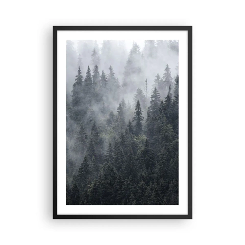 Poster in cornice nera - Una foresta nebbiosa con alti alberi di conifere - 50x70cm - Alba nel bosco - Decorazione murale moderna per soggiorno e camera da letto ARTTOR