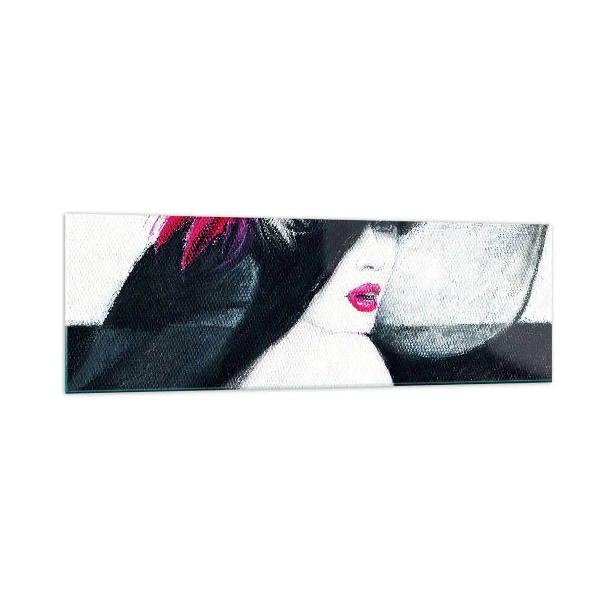 Quadro su vetro - Donna elegante con cappello piumato - 160x50cm - Sempre un mistero - Decorazione murale moderna per soggiorno e camera da letto ARTTOR