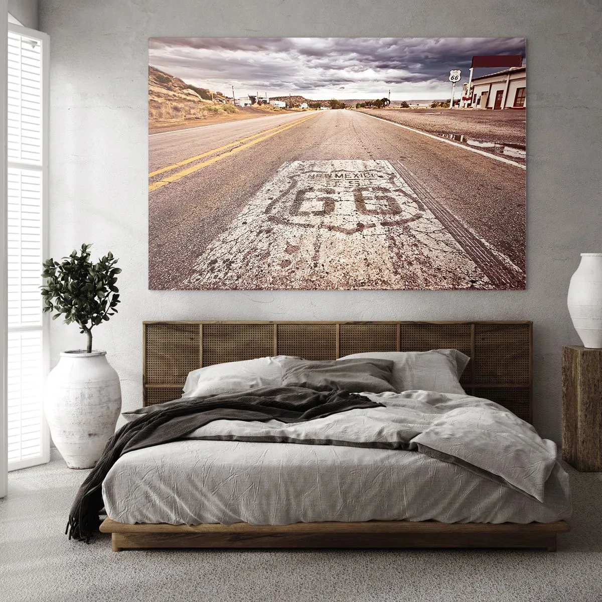 Quadro su vetro - Route 66 con vista sull'orizzonte - 120x80cm - La Route 66: una leggenda americana - Decorazione murale moderna per soggiorno e camera da letto ARTTOR