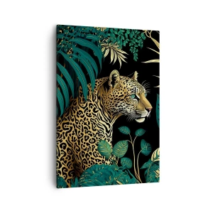 Quadro su tela - Stampe su Tela - Leopardo tra foglie tropicali su sfondo nero - 50x70cm - Il signore della giungla - Decorazione murale moderna per soggiorno e camera da letto ARTTOR