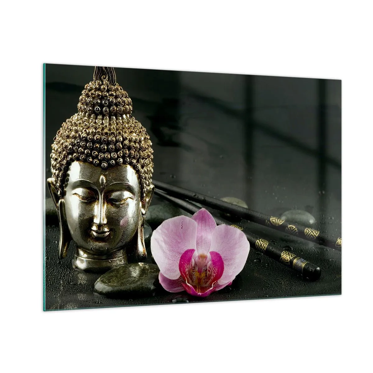 Quadro su vetro - Testa buddista con un fiore rosa su uno sfondo di pietre - 100x70cm - Armonia di saggezza e bellezza - Decorazione murale moderna per soggiorno e camera da letto ARTTOR