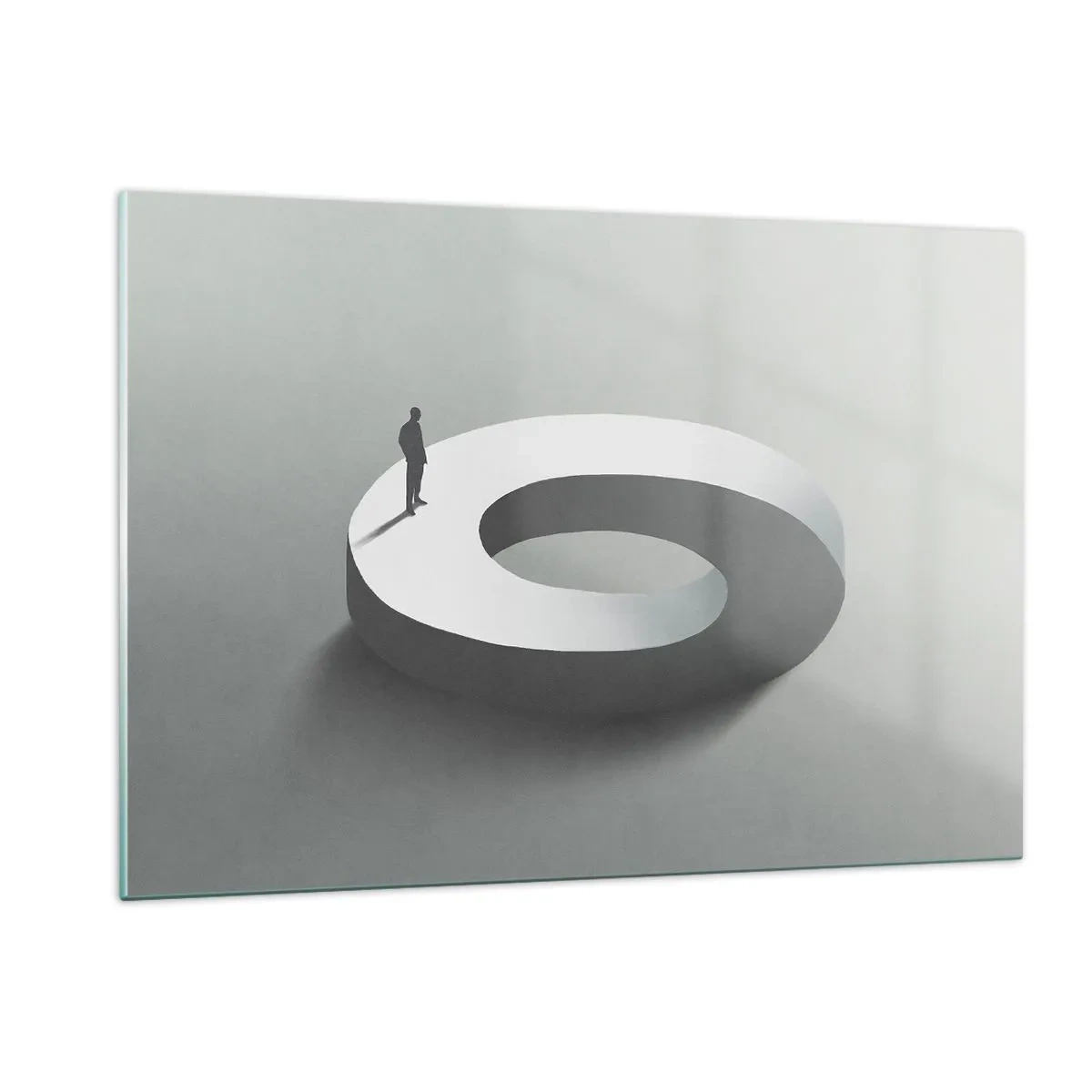 Quadro su vetro - Una silhouette minimalista di un uomo su un anello bianco - 120x80cm - Prova a cavartela - Decorazione murale moderna per soggiorno e camera da letto ARTTOR
