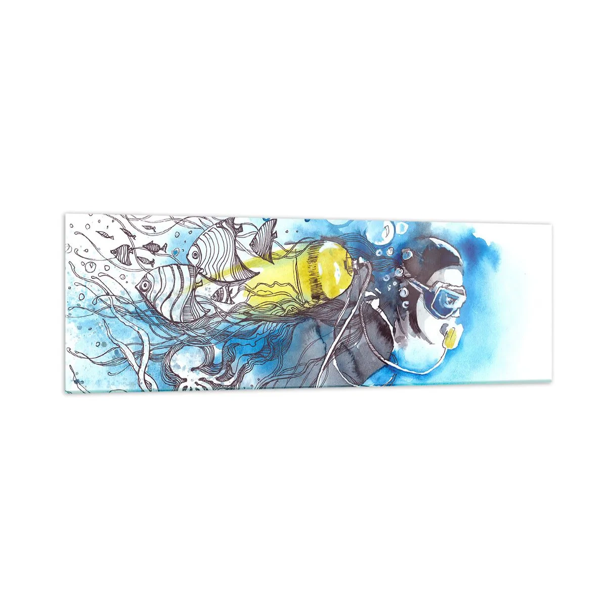 Quadro su vetro - Scena subacquea con un subacqueo e pesci esotici - 160x50cm - Il grande blu - Decorazione murale moderna per soggiorno e camera da letto ARTTOR