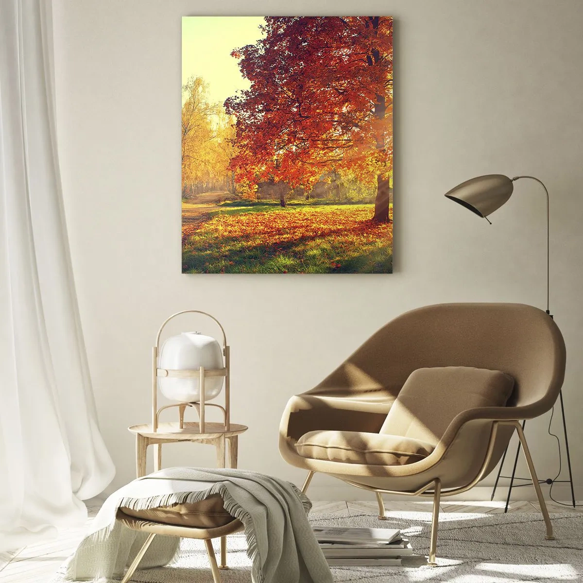 Quadro su vetro - Parco autunnale illuminato dalla luce del sole - 70x100cm - Rosso è bello - Decorazione murale moderna per soggiorno e camera da letto ARTTOR
