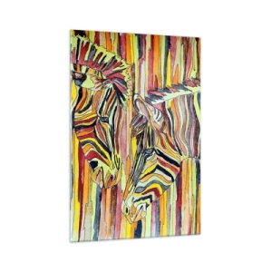 Quadro su vetro - Zebre colorate su uno sfondo di strisce astratte - 70x100cm - Quindi anche tu… - Decorazione murale moderna per soggiorno e camera da letto ARTTOR