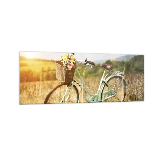 Quadro su vetro - Una bicicletta retrò con un cesto pieno di fiori sullo sfondo di un prato. - 140x50cm - Resto qui un attimo - Decorazione murale moderna per soggiorno e camera da letto ARTTOR