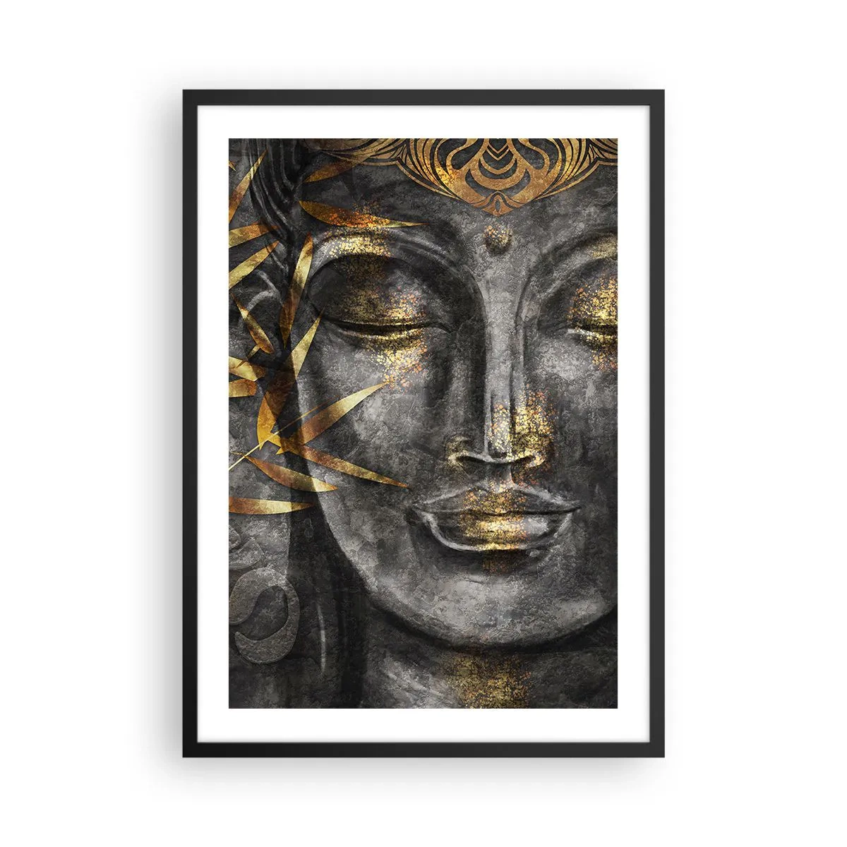 Poster in cornice nera - Ritratto di Buddha con bagliore dorato ed elementi di foglie di bambù - 50x70cm - Senti la pace - Decorazione murale moderna per soggiorno e camera da letto ARTTOR
