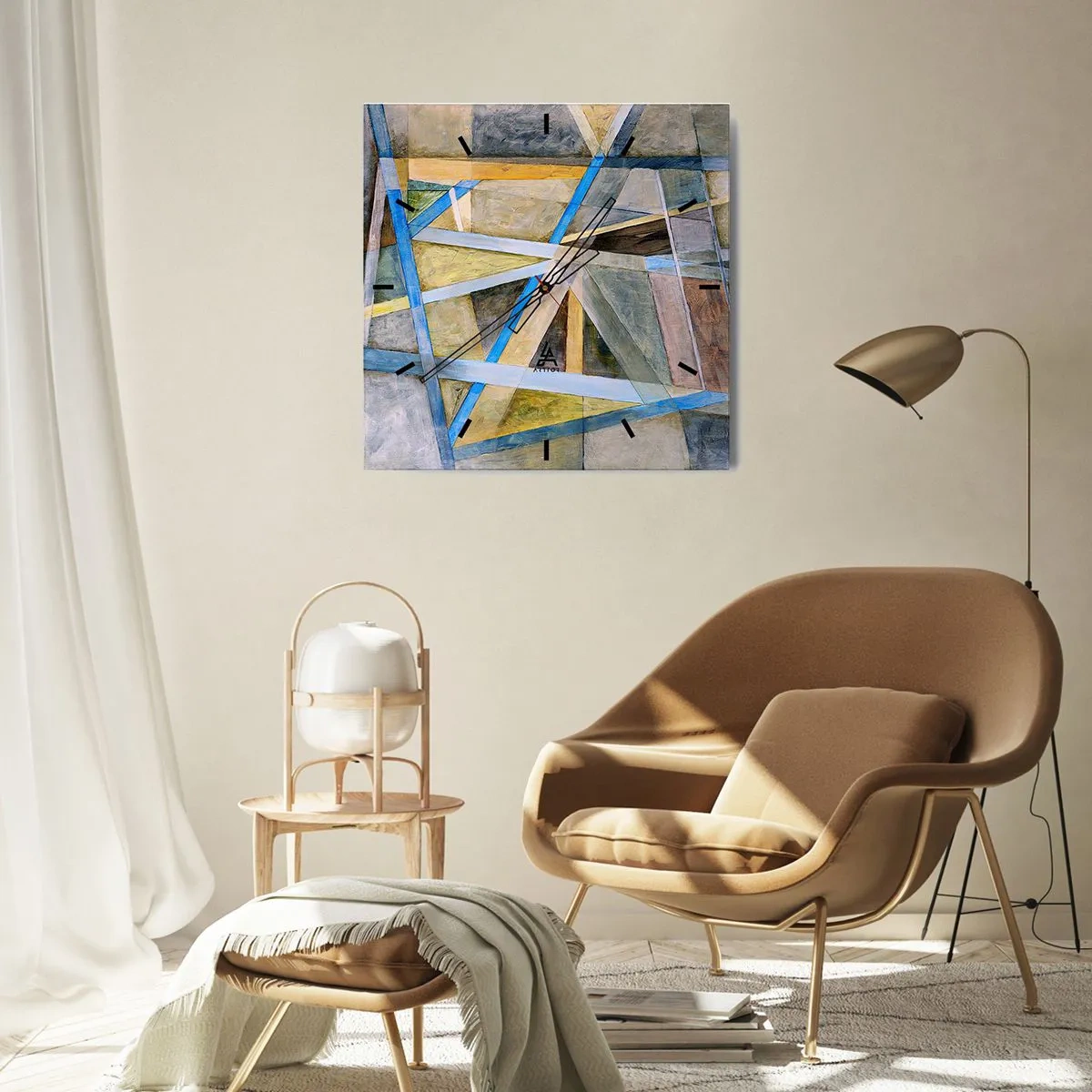 Orologio da parete - Orologio in Vetro - Composizione geometrica con linee chiare e blu - 30x30cm - Dritto o obliquo? - Decorazione murale moderna per soggiorno e camera da letto ARTTOR