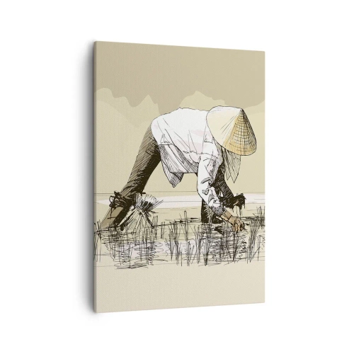 Quadro su tela - Stampe su Tela - Contadini che lavorano in una risaia indossando copricapi tradizionali - 50x70cm - Buon raccolto - Decorazione murale moderna per soggiorno e camera da letto ARTTOR