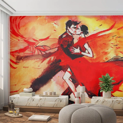 Fotomurali Premium Canvas - Una coppia che balla il tango nei toni del rosso su uno sfondo dinamico. - 100x70cm - Il ritmo porpora della passione - Decorazione murale moderna per soggiorno e camera da letto ARTTOR