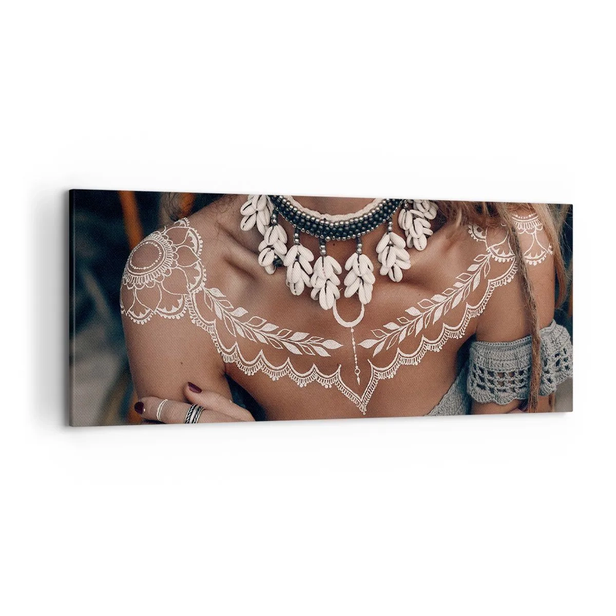 Quadro su tela - Stampe su Tela - Stile boho con gioielli di conchiglie e motivo in pizzo - 120x50cm - Talismani, rituali di femminilità - Decorazione murale moderna per soggiorno e camera da letto ARTTOR