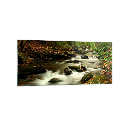 Quadro su vetro - Un ruscello nella foresta che scorre tra le pietre circondato dal verde - 120x50cm - Come argento liquido - Decorazione murale moderna per soggiorno e camera da letto ARTTOR