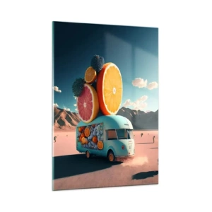 Quadro su vetro - Un camper turchese con frutta sullo sfondo di un paesaggio desertico - 50x70cm - Il sapore delle vacanze - Decorazione murale moderna per soggiorno e camera da letto ARTTOR