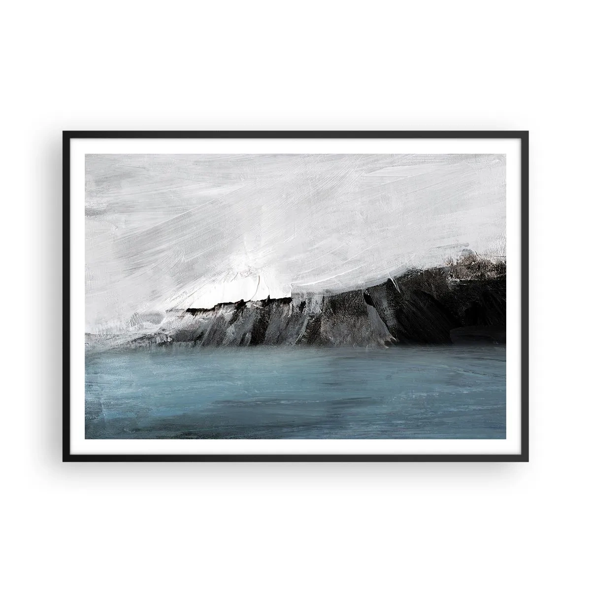 Poster in cornice nera - Paesaggio astratto con acqua e una costa rocciosa - 100x70cm - Acqua-terra: lo scontro degli elementi - Decorazione murale moderna per soggiorno e camera da letto ARTTOR