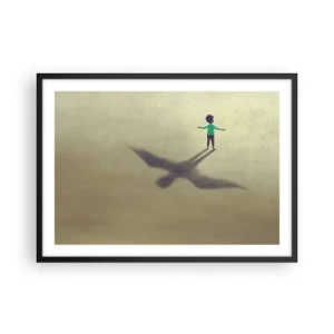 Poster in cornice nera - Una figura simbolica di un bambino con l'ombra di un uccello su uno sfondo dalle tonalità calde. - 70x50cm - Eroe del futuro - Decorazione murale moderna per soggiorno e camera da letto ARTTOR