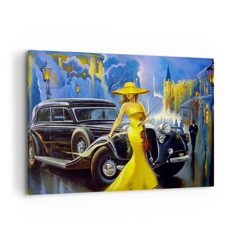 Quadro su tela - Stampe su Tela - Una donna con un vestito giallo e un violino accanto a un'auto d'epoca. - 100x70cm - Notturno per violino e amore - Decorazione murale moderna per soggiorno e camera da letto ARTTOR