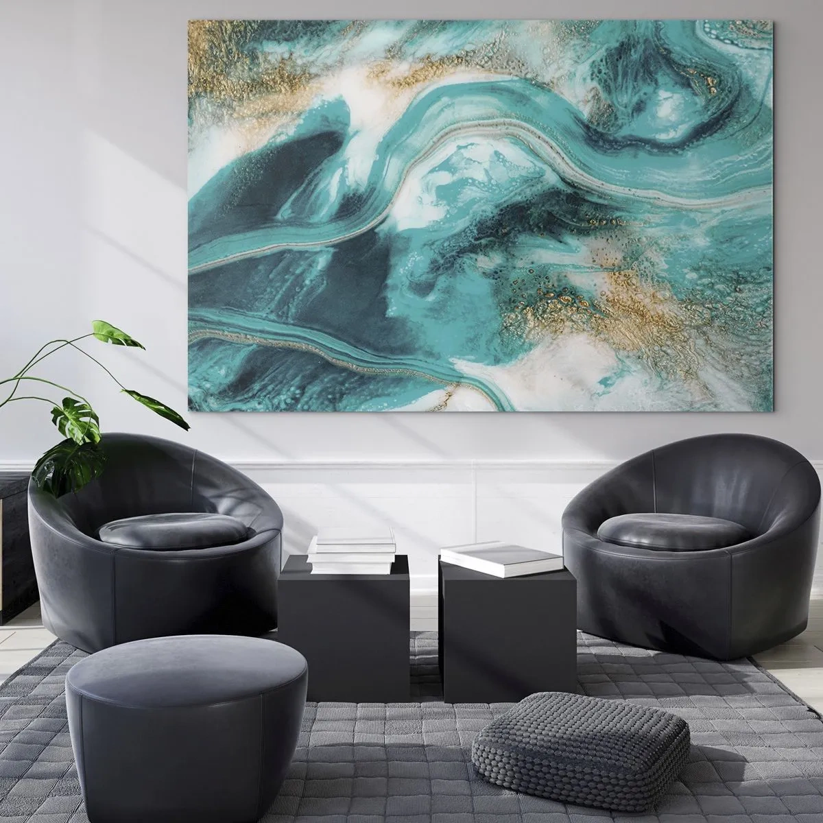 Quadro su vetro - Una composizione astratta in turchese con accenti dorati. - 70x50cm - Il fiume d'oro - Decorazione murale moderna per soggiorno e camera da letto ARTTOR