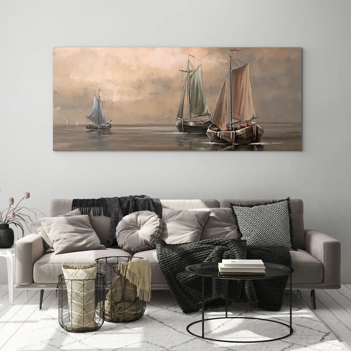 Quadro su vetro - Barche a vela su un mare calmo in un ambiente pastello - 120x50cm - Il ritorno dei marinai - Decorazione murale moderna per soggiorno e camera da letto ARTTOR