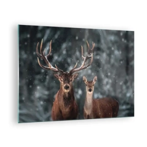 Quadro su vetro - Un cervo e una cerva in una foresta invernale ricoperta di neve - 70x50cm - Il re della foresta con la consorte - Decorazione murale moderna per soggiorno e camera da letto ARTTOR