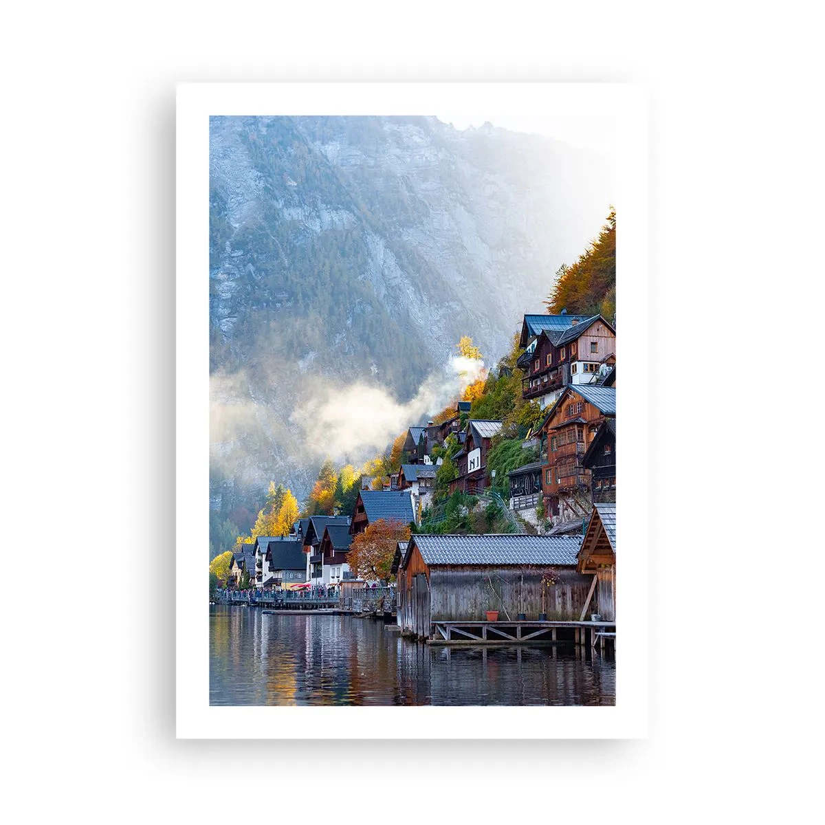 Poster - Una città di montagna vicino a un lago circondata dall'aura autunnale - 50x70cm - Atmosfera alpina - Decorazione murale moderna per soggiorno e camera da letto ARTTOR