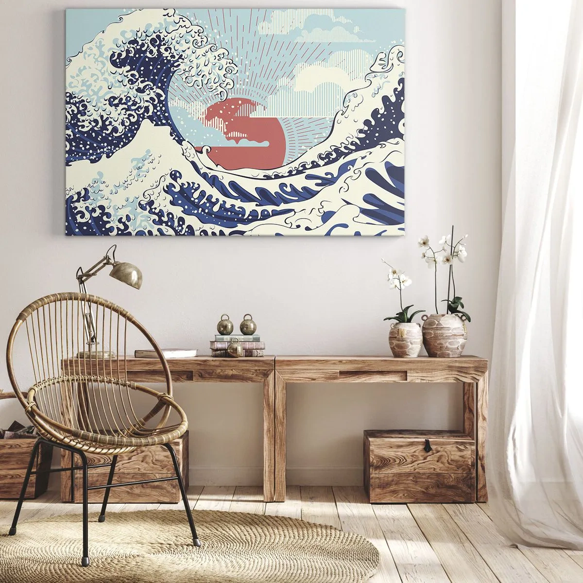 Quadro su tela - Stampe su Tela - Onde dell'oceano e un tramonto in stile giapponese - 120x80cm - Di ispirazione giapponese - Decorazione murale moderna per soggiorno e camera da letto ARTTOR