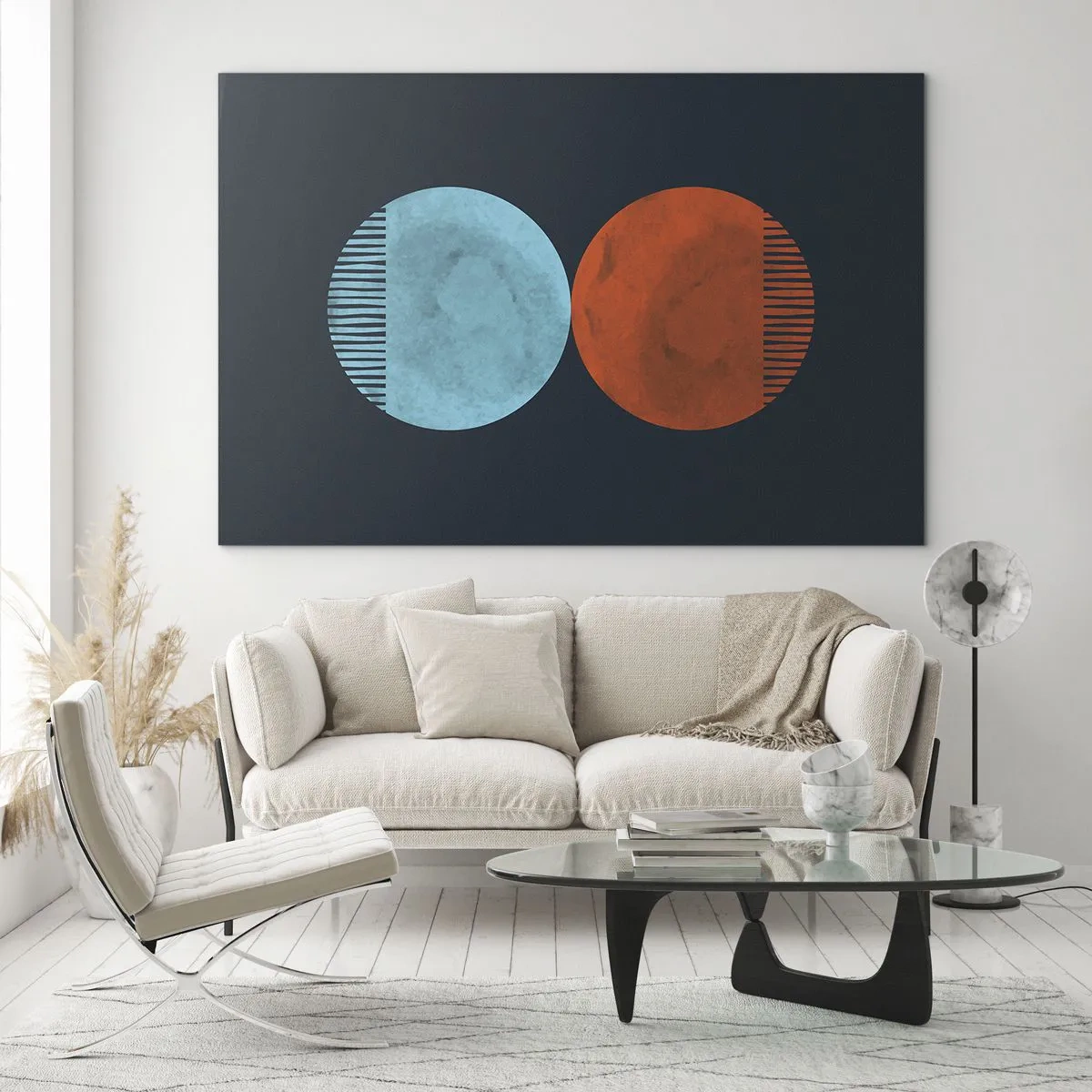 Quadro su vetro - Cerchi astratti in blu e arancione - 70x50cm - Solo geometria? - Decorazione murale moderna per soggiorno e camera da letto ARTTOR