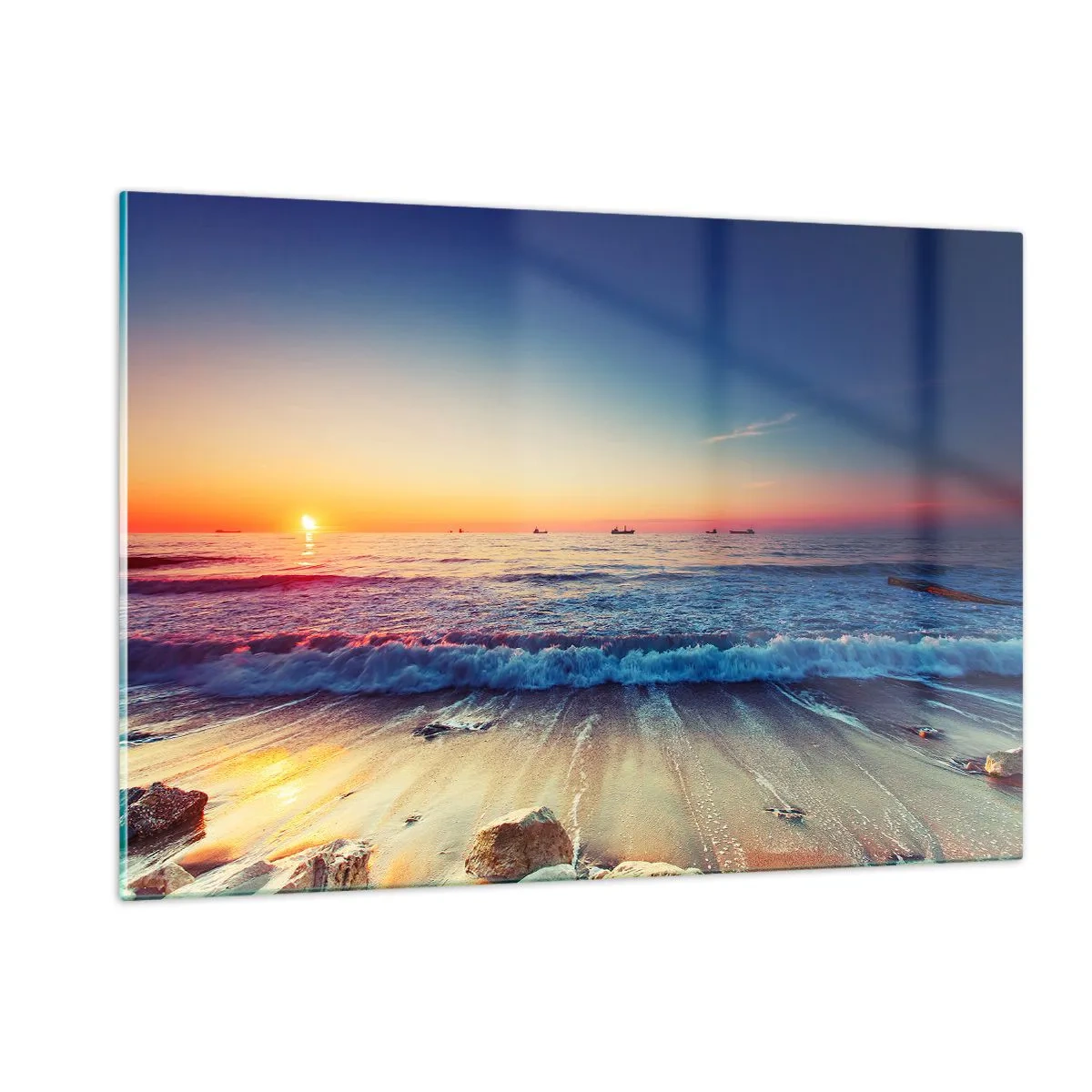 Quadro su vetro - Tramonto sulla spiaggia con onde dolci e mare calmo - 120x80cm - Cosa c'è dietro l'orizzonte? - Decorazione murale moderna per soggiorno e camera da letto ARTTOR