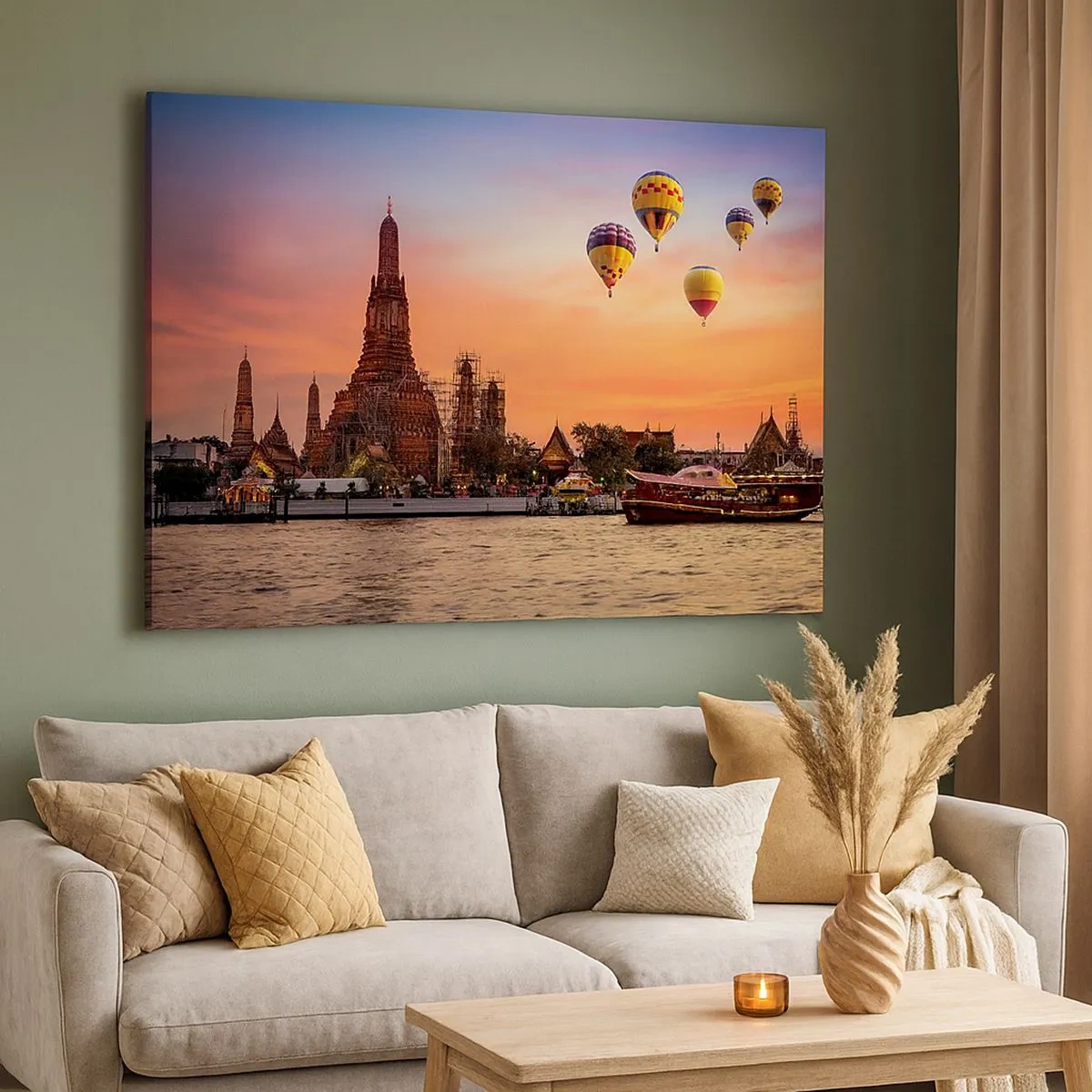 Quadro su tela - Stampe su Tela - Un tempio e palloncini sullo sfondo del sole al tramonto sul fiume - 70x50cm - Qui nascono le favole - Decorazione murale moderna per soggiorno e camera da letto ARTTOR