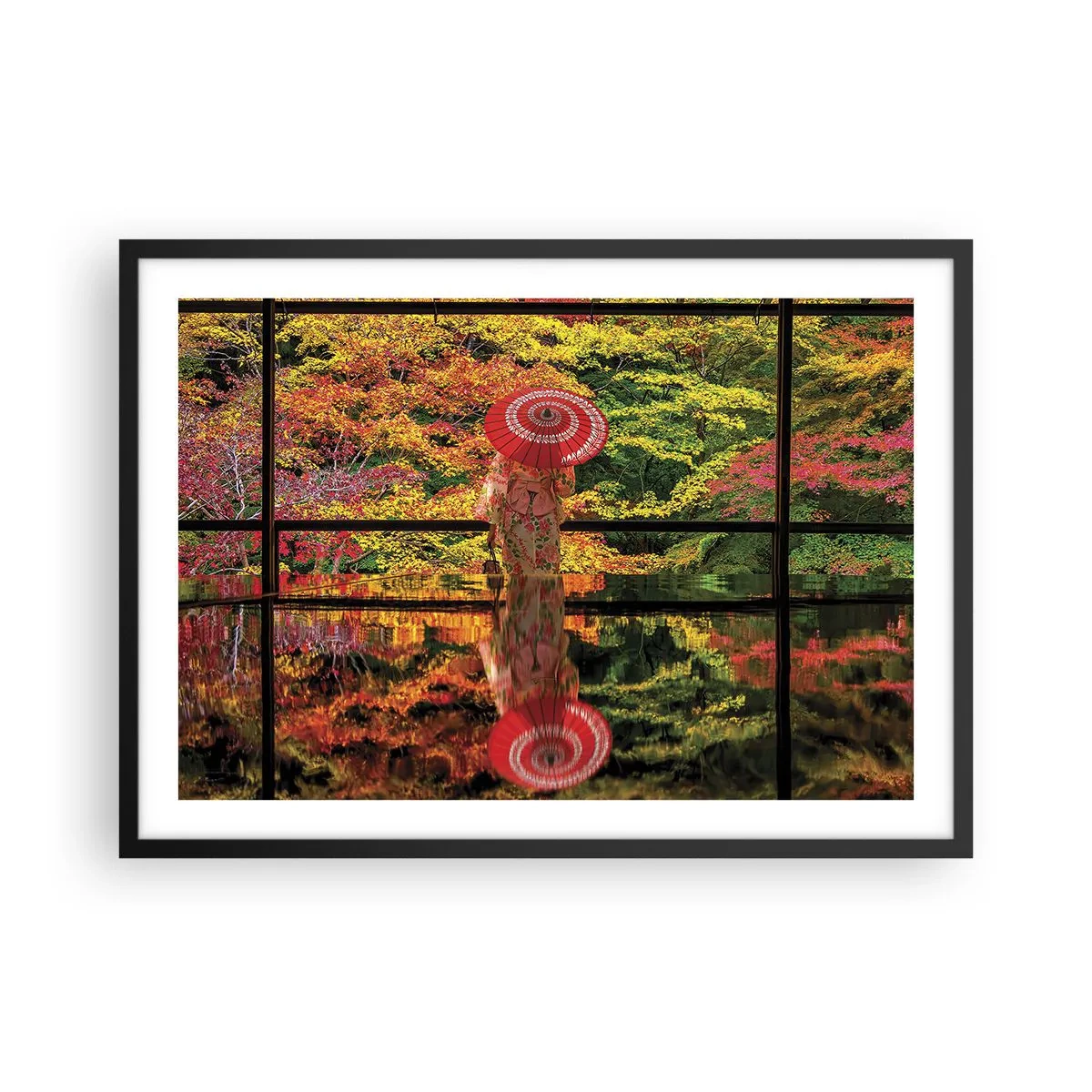 Poster in cornice nera - Una donna in kimono con un ombrello sullo sfondo di un paesaggio autunnale. - 70x50cm - Nel tempio della natura - Decorazione murale moderna per soggiorno e camera da letto ARTTOR