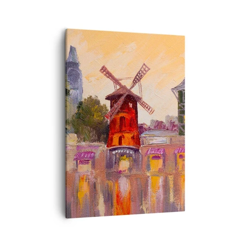Quadro su tela - Stampe su Tela - Il mulino a vento rosso del Moulin Rouge circondato dal paesaggio urbano - 50x70cm - Le icone di Parigi: il Moulin Rouge - Decorazione murale moderna per soggiorno e camera da letto ARTTOR