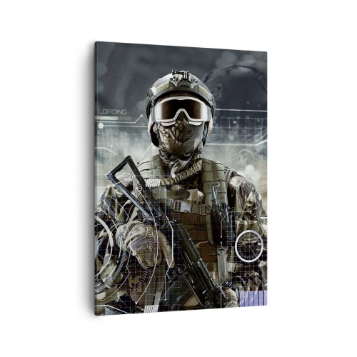 Quadro su tela - Stampe su Tela - Un soldato con un casco futuristico e una pistola sullo sfondo della tecnologia. - 50x70cm - Potenza al quadrato - Decorazione murale moderna per soggiorno e camera da letto ARTTOR
