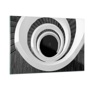 Quadro su vetro - Scala a chiocciola in bianco e nero vista dall'alto - 120x80cm - Verso l'essenza delle cose - Decorazione murale moderna per soggiorno e camera da letto ARTTOR