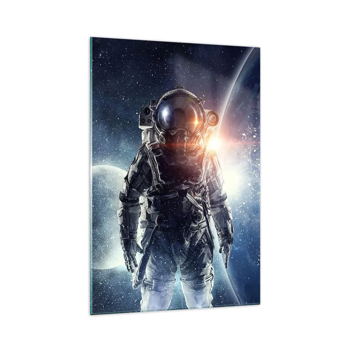 Quadro su vetro - Astronauta sullo sfondo dello spazio e del pianeta Terra - 70x100cm - Avventura nello spazio - Decorazione murale moderna per soggiorno e camera da letto ARTTOR