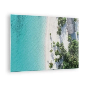 Quadro su vetro - Una vista a volo d'uccello di una spiaggia tropicale con palme e un mare turchese - 70x50cm - Vacanze in paradiso - Decorazione murale moderna per soggiorno e camera da letto ARTTOR