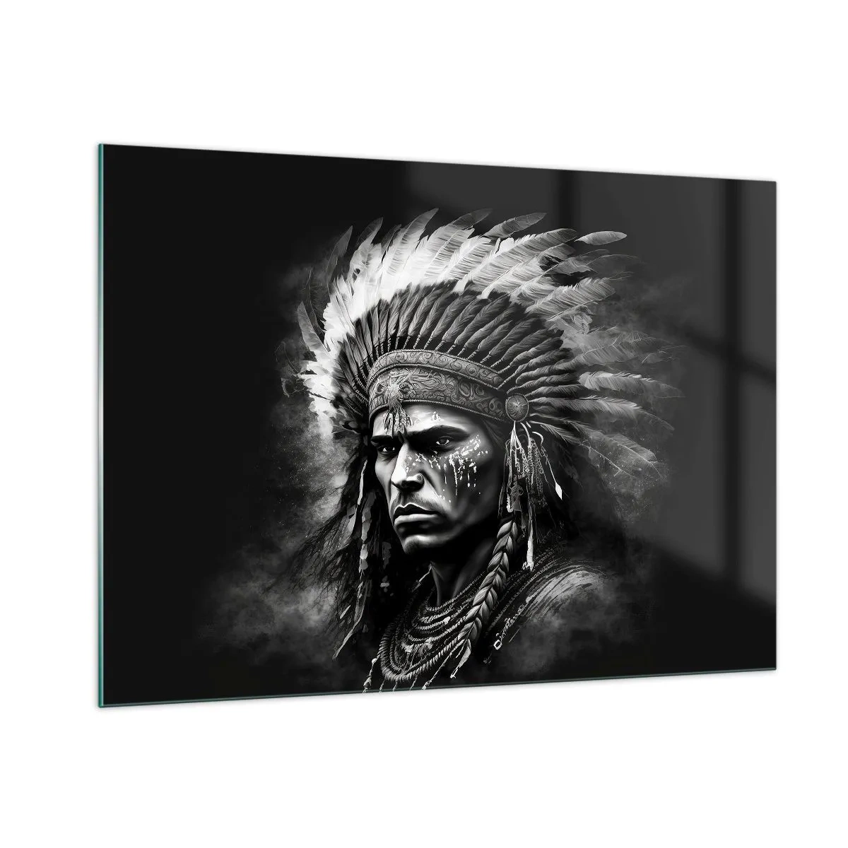 Quadro su vetro - Ritratto in bianco e nero di un guerriero con un copricapo piumato - 100x70cm - Capo e guerriero - Decorazione murale moderna per soggiorno e camera da letto ARTTOR