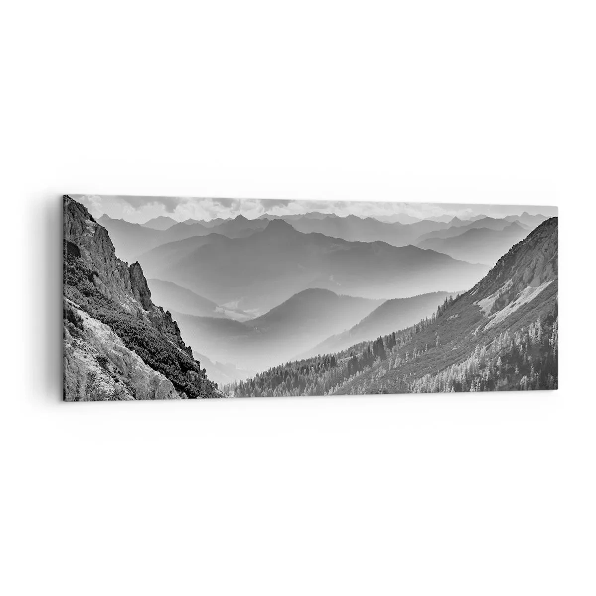 Quadro su tela - Stampe su Tela - Paesaggio montano in bianco e nero con nuvole sulle cime - 140x50cm - Fino all'orizzonte - Decorazione murale moderna per soggiorno e camera da letto ARTTOR