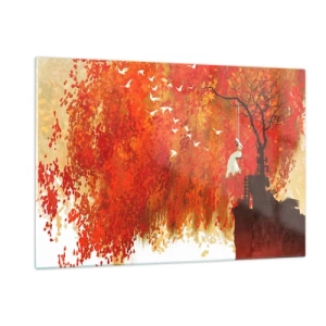 Quadro su vetro - Foglie rosse, un albero solitario e uccelli in una scena autunnale - 120x80cm - Voli con noi? - Decorazione murale moderna per soggiorno e camera da letto ARTTOR