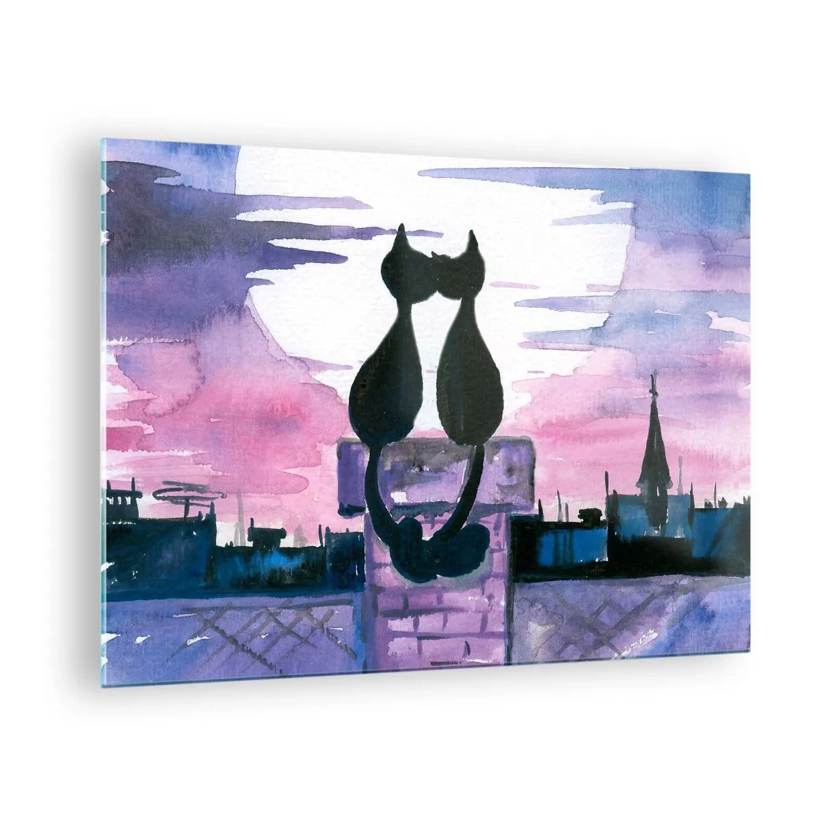 Quadro su vetro - Sagome di due gatti contro il sole al tramonto - 70x50cm - Appuntamento sotto la luna - Decorazione murale moderna per soggiorno e camera da letto ARTTOR