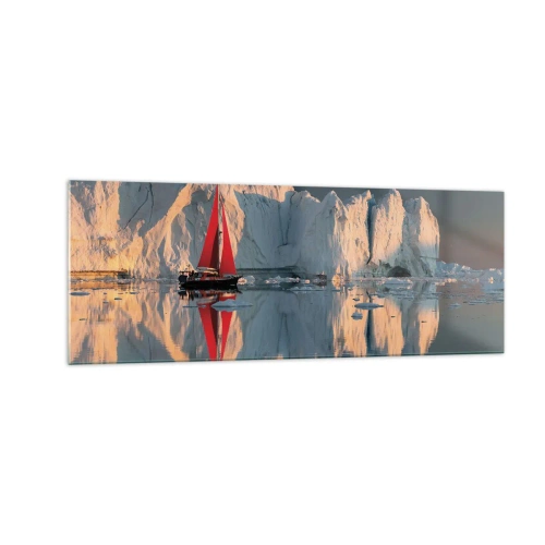 Quadro su vetro - Una barca a vela con una vela rossa sullo sfondo di un ghiacciaio - 140x50cm - Ai confini del mondo - Decorazione murale moderna per soggiorno e camera da letto ARTTOR