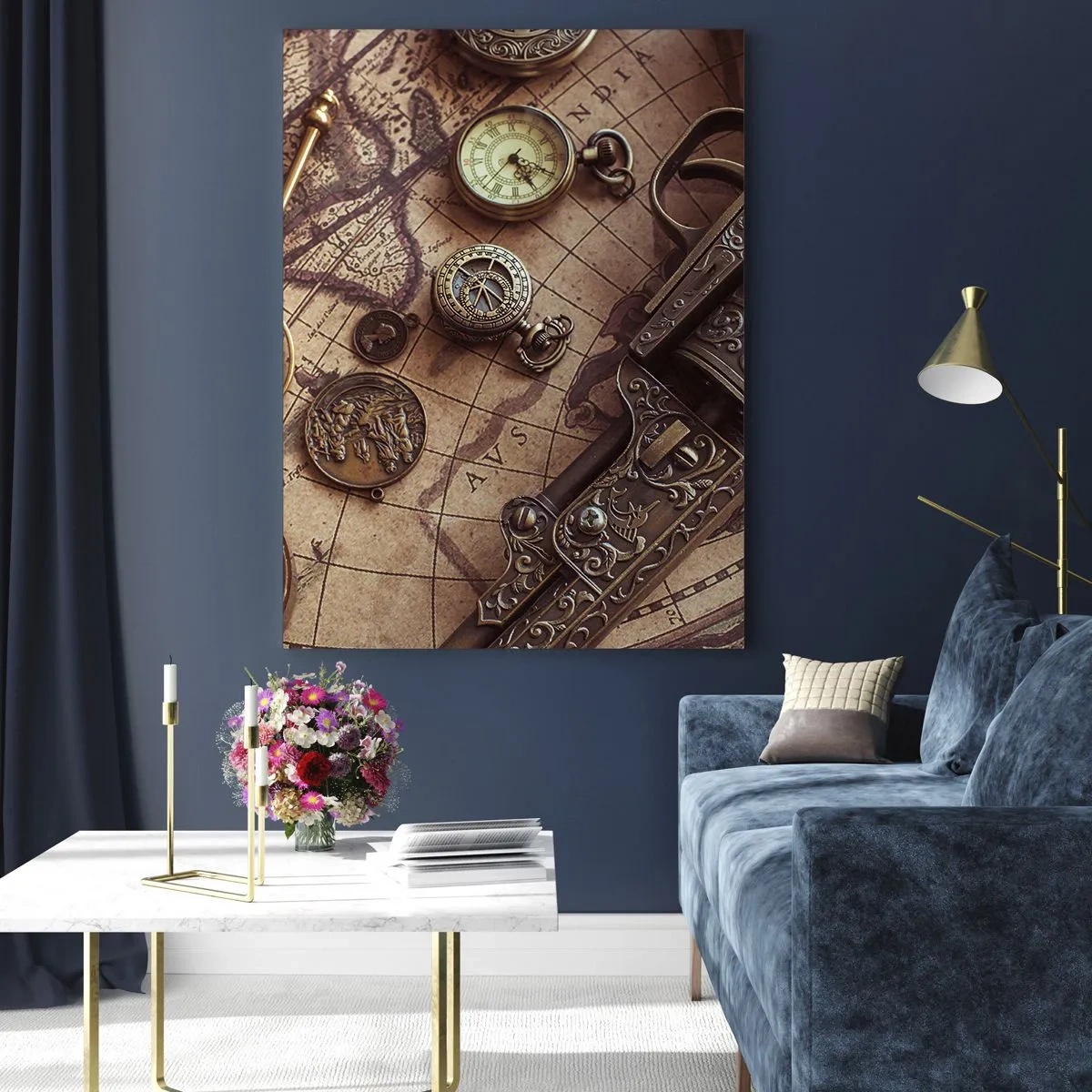 Quadro su vetro - Oggetti antichi su una vecchia mappa in stile retrò - 70x100cm - La natura chiama - Decorazione murale moderna per soggiorno e camera da letto ARTTOR