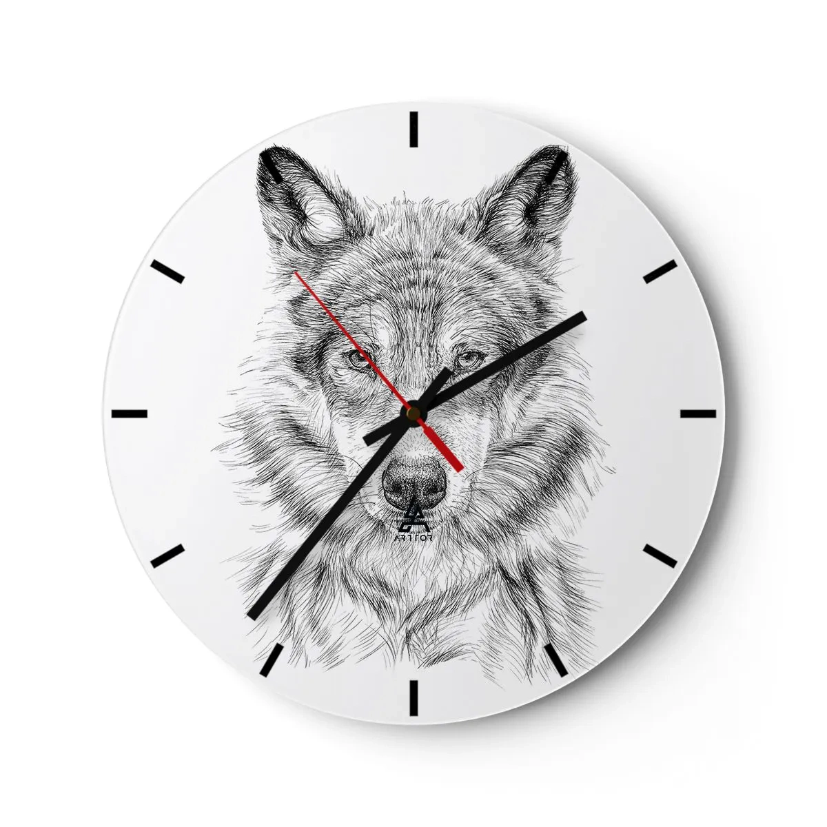Orologio da parete - Orologio in Vetro - Schizzo in bianco e nero di una testa di lupo su uno sfondo bianco - 30x30cm - Condottiero nato - Decorazione murale moderna per soggiorno, cucina e camera da letto ARTTOR
