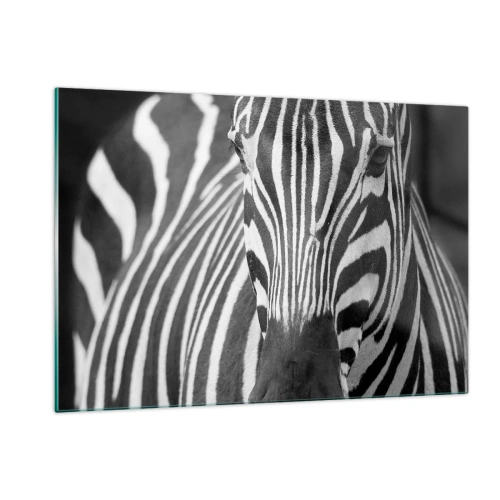 Quadro su vetro - Ritratto in bianco e nero di una zebra con strisce visibili - 120x80cm - Il mondo è in bianco e nero - Decorazione murale moderna per soggiorno e camera da letto ARTTOR