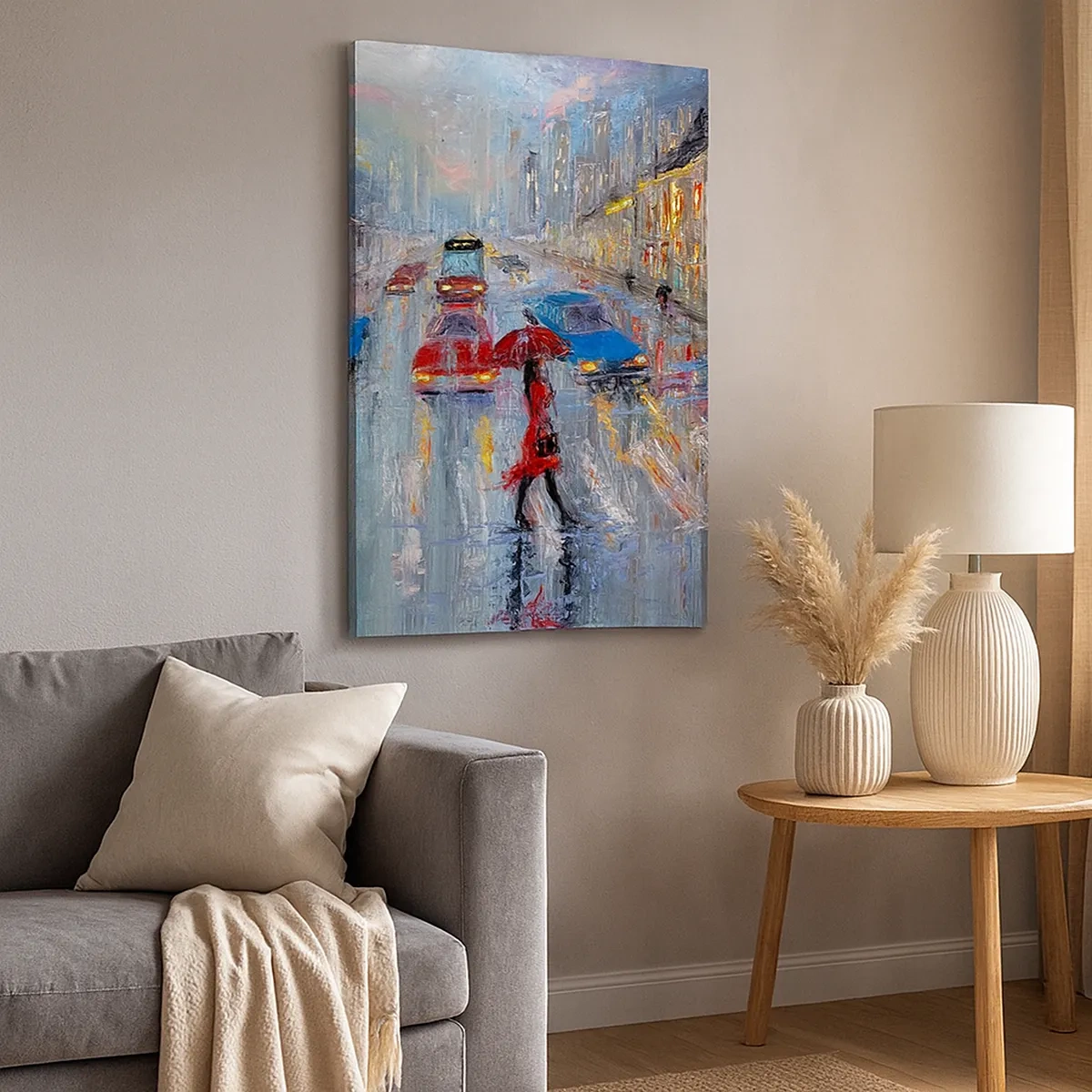 Quadro su tela - Stampe su Tela - Una donna con un ombrello in una strada piovosa, illuminata dalle luci al neon. - 50x70cm - Pomeriggio di pioggia in città - Decorazione murale moderna per soggiorno e camera da letto ARTTOR
